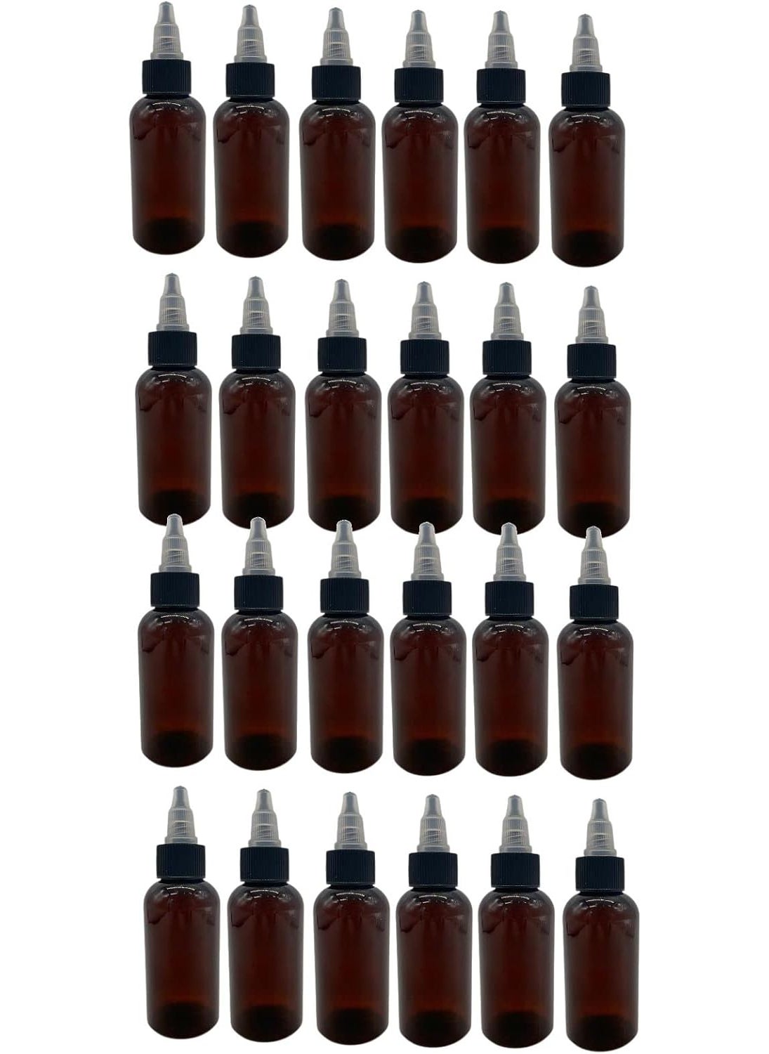 Natural Farms 2 oz Plastic Amber Boston BPA FREE - Boston Bottles - 24 Pack Empty Refillable Containers - Essential Oils - Hair - Black/Natural Twist Open/Close Cap - Made in the USA