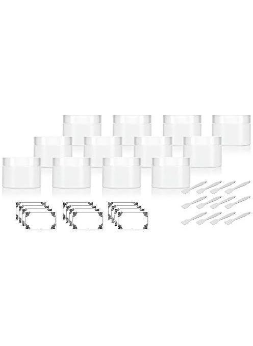 (12 Pack) 2 oz White Double Wall Plastic Jar with Airtight Lined Lid + Spatulas and Labels