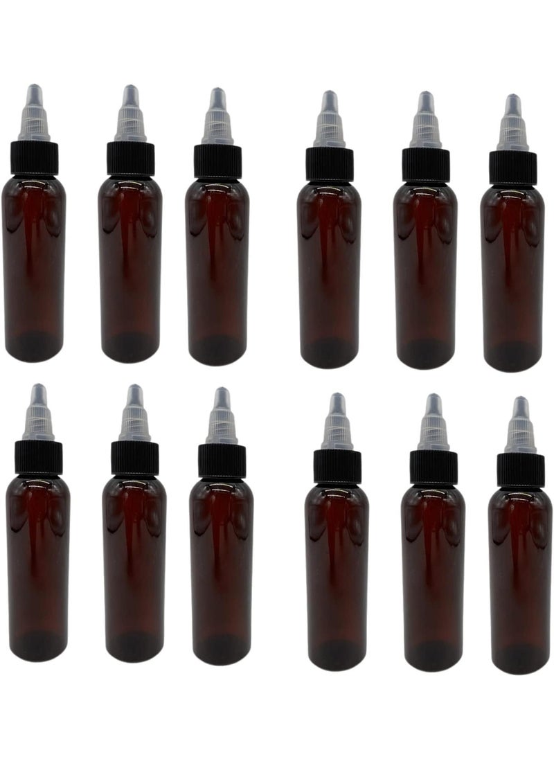 Natural Farms 2 oz Amber Cosmo Plastic Bottles -12 Pack Empty Bottle Refillable - BPA Free - Essential Oils - Aromatherapy | Black/Natural Twist Top Cap - Made in the USA
