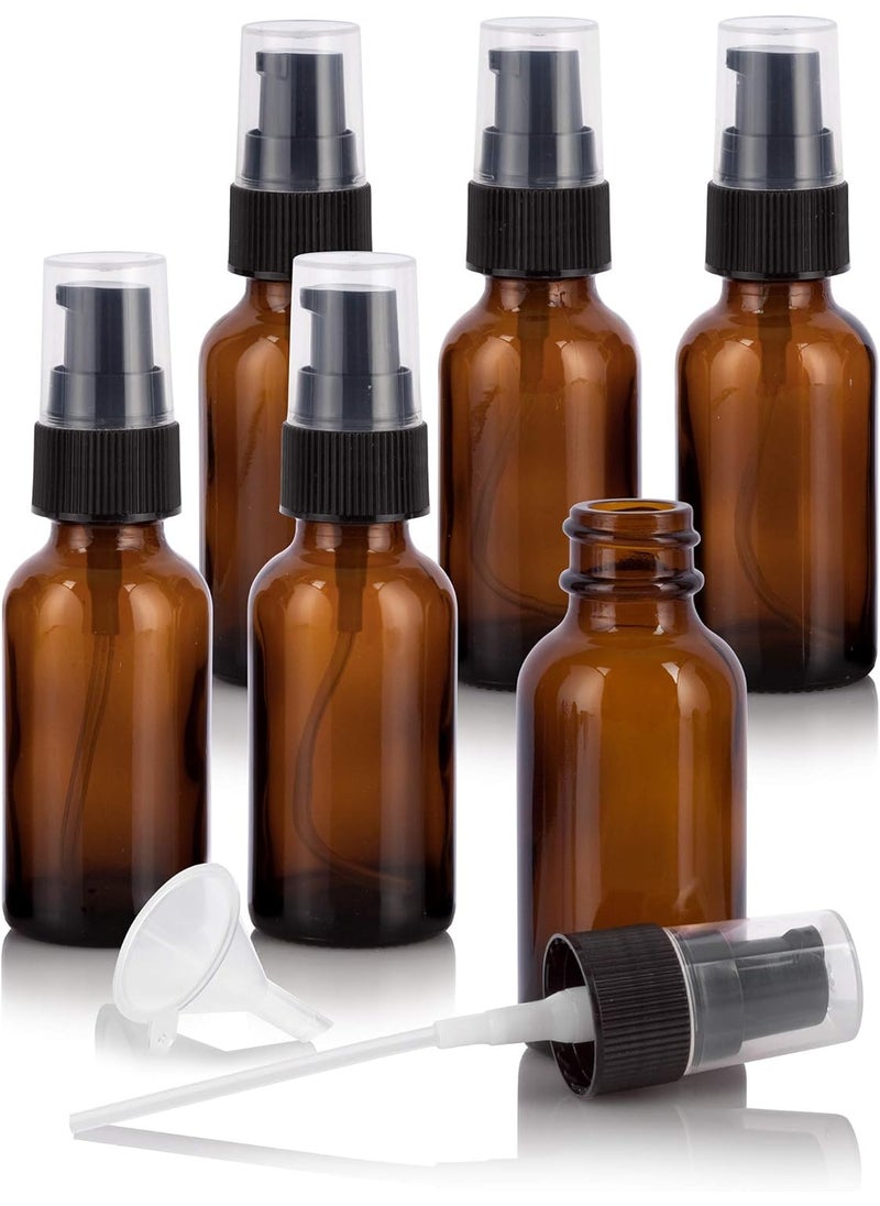 JUVITUS 1 oz / 30 ml Amber Glass Boston Round Bottle with Black Treatment Pump (6 Pack) + Funnel Refillable Empty Storage Containers