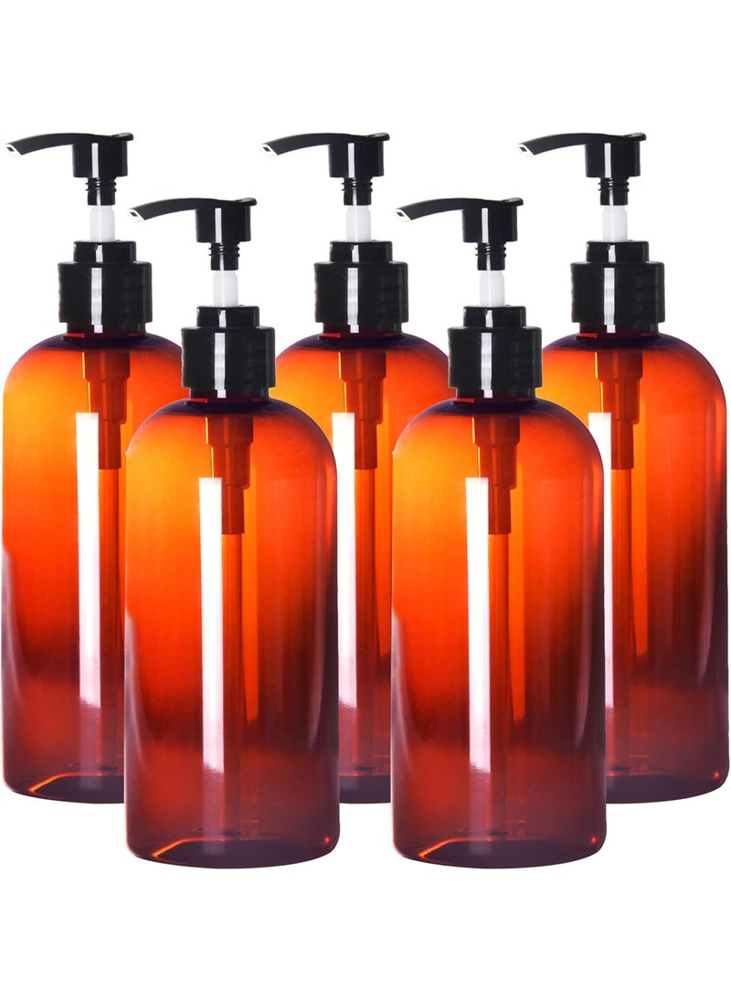 Youngever 5 Pack Plastic Pump Bottles 16 Ounce, Refillable Plastic Pump Bottles (Amber)