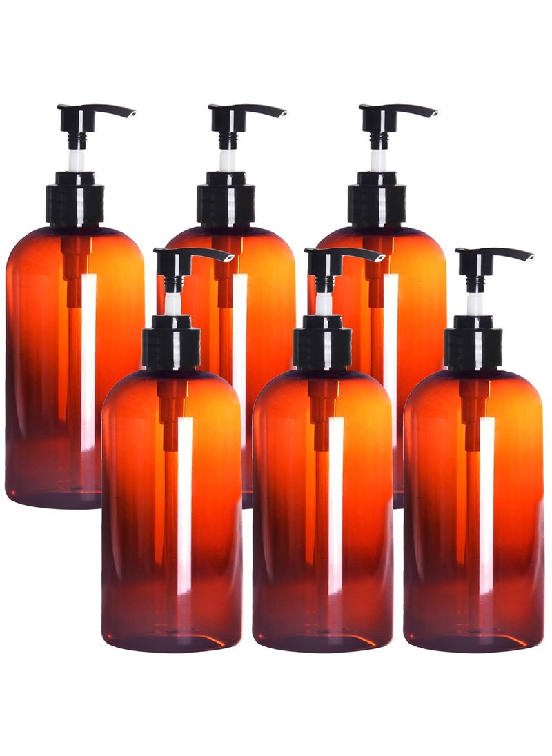 Youngever 6 Pack Amber Plastic Pump Bottles Refillable Plastic Pump Bottles for Dispensing Lotions Shampoos Hand Sanitizer and More 12 Ounce