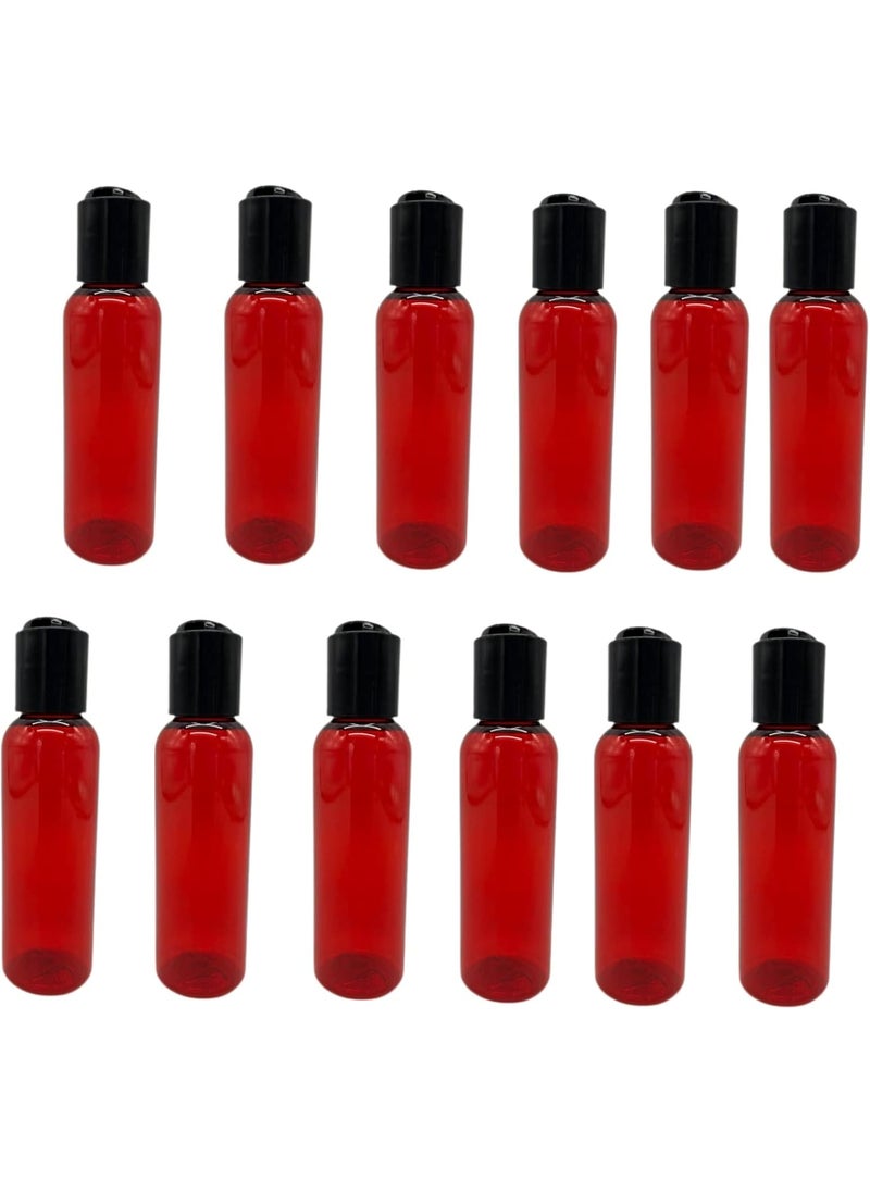 Natural Farms 2 oz Red Cosmo Plastic Bottles -12 Pack Empty Bottle Refillable - BPA Free - Essential Oils - Aromatherapy | Black Press Down Disc Cap - Made in the USA