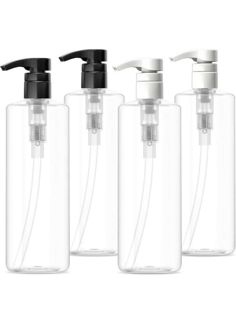 Bar5F 4-Pack Plastic Lotion Bottles with Black & White Pumps, 16.9 oz | Leak Proof, Empty Clear Cylinder, Refillable, BPA Free for Shampoo, Moisturizer, Face Cream, Liquid Hand Soap | Set of Bulk