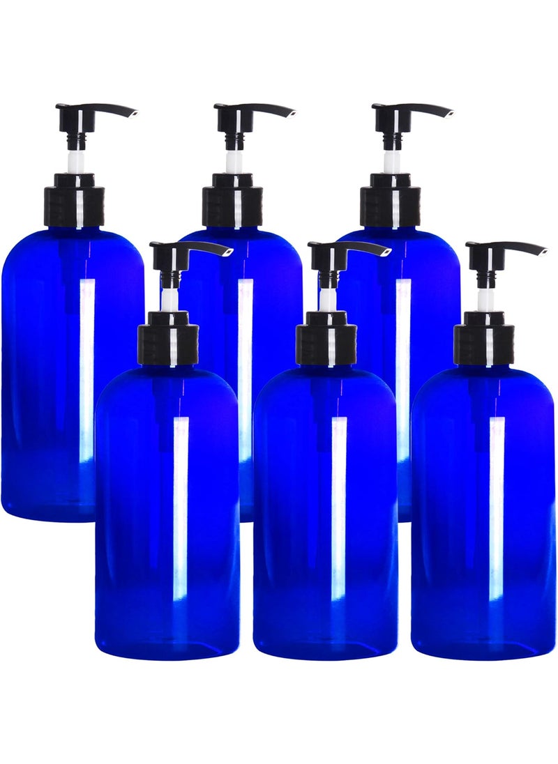Youngever 6 Pack Blue Plastic Pump Bottles, Refillable Plastic Pump Bottles for Dispensing Lotions, Shampoos, Hand Sanitizer and More (12 Ounce)