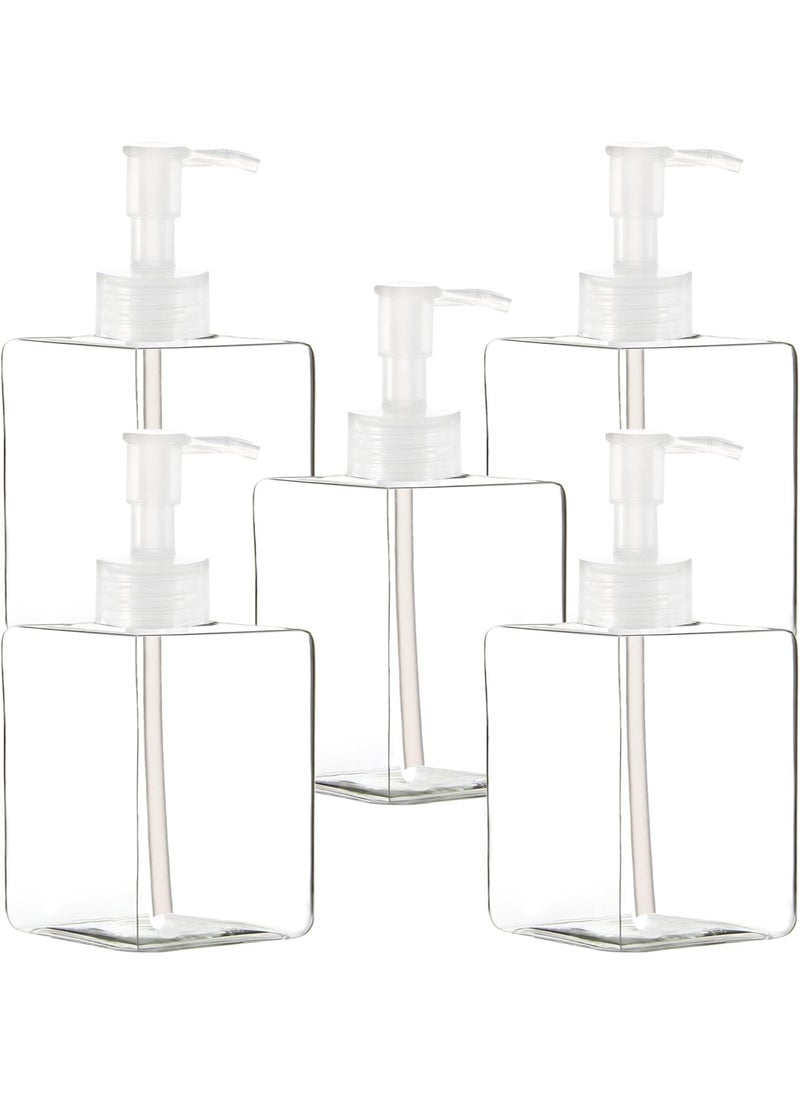 Youngever 5 Pack Clear Plastic Square Pump Bottles, Refillable Plastic Pump Bottles for Dispensing Lotions, Shampoos (12 Ounce Clear)