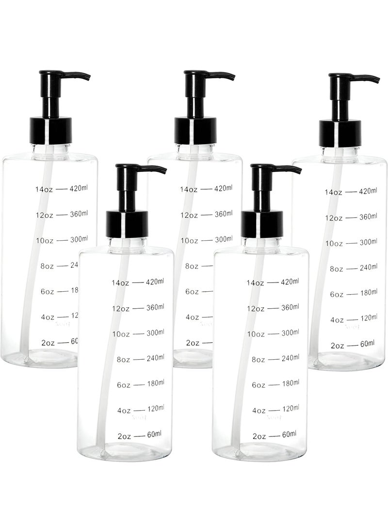 Youngever 5 Pack Plastic Pump Bottles 16 Ounce, Clear Refillable Plastic Pump Bottles with Measurement and Travel Lock (Cylinder Shape)