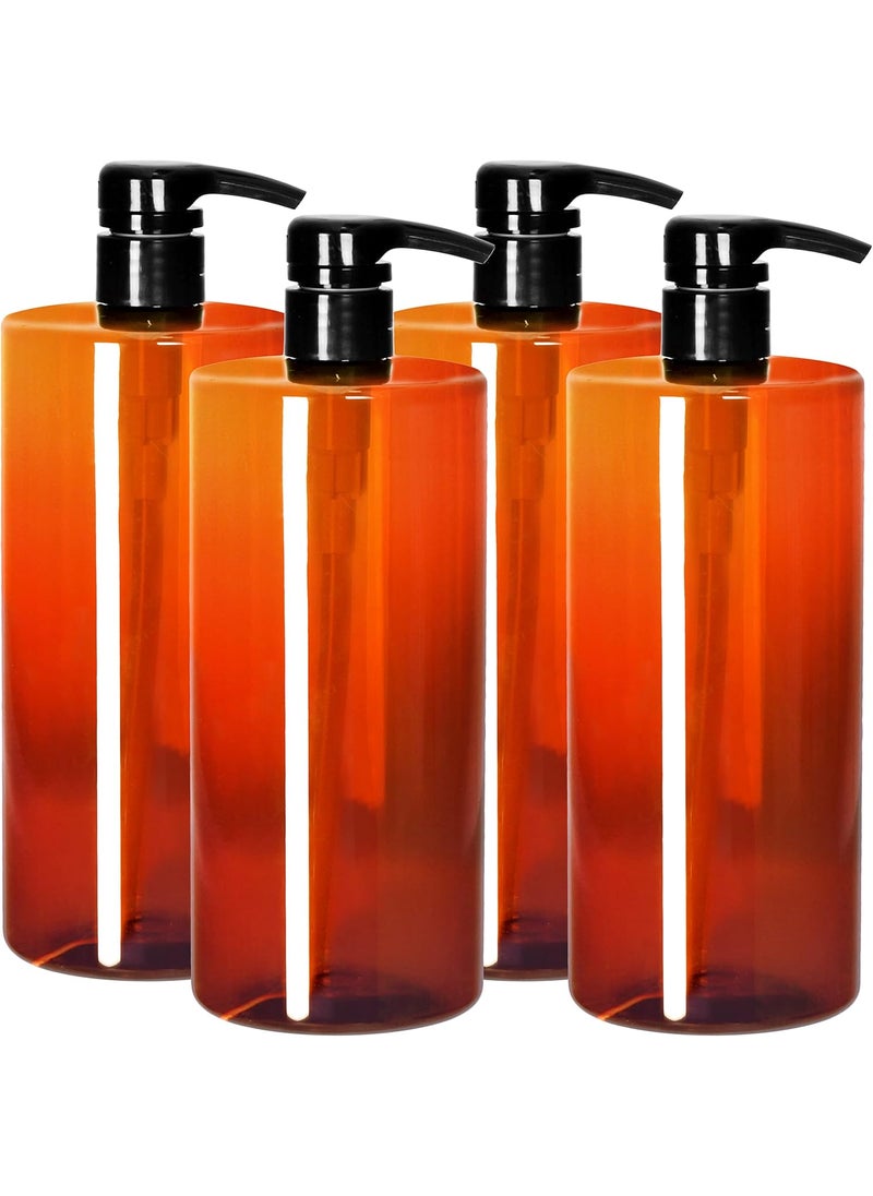 Youngever 4 Pack Pump Bottles for Shampoo 32 Ounce (1 Liter), Amber Shampoo Pump Bottles, Plastic Cylinder with Lockdown Leak Proof Pumps