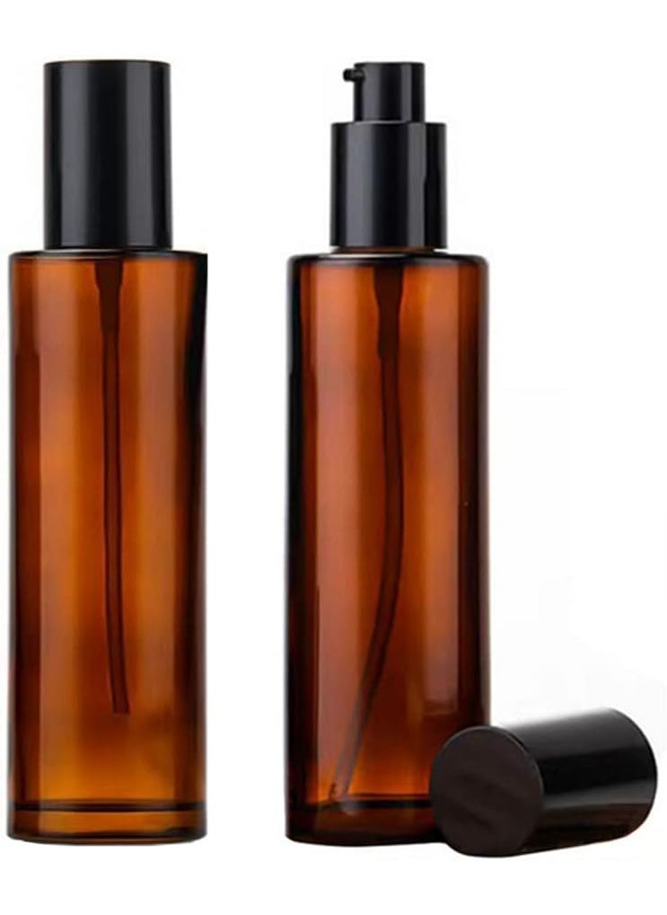 2PCS 120ml/4oz Empty Refillable Amber Glass Lotion Pump Press Bottles Soap Dispensers Containers Jars with Black Cap for Foundation Cream Makeup Removel Oil Shampoo