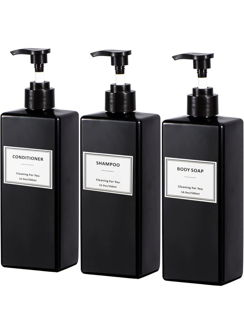 Yeeco Refillable Shampoo and Conditioner Bottles, Shampoo Dispenser 16.9oz/500ml, Plastic Shampoo Bottles with Pump 3 Packs, Shampoo Bottles Refillable for Bathroom, Kitchen, Hotel - Black