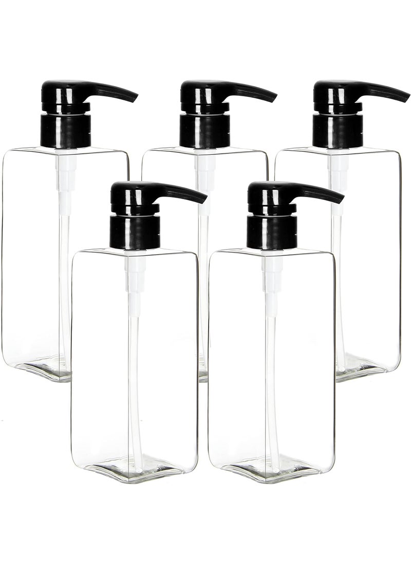 Youngever 5 Pack Pump Bottles for Shampoo 16 Ounce, Empty Shampoo Pump Bottles, Plastic Square with Lockdown-Leak Proof-Pumps (Black Pump)