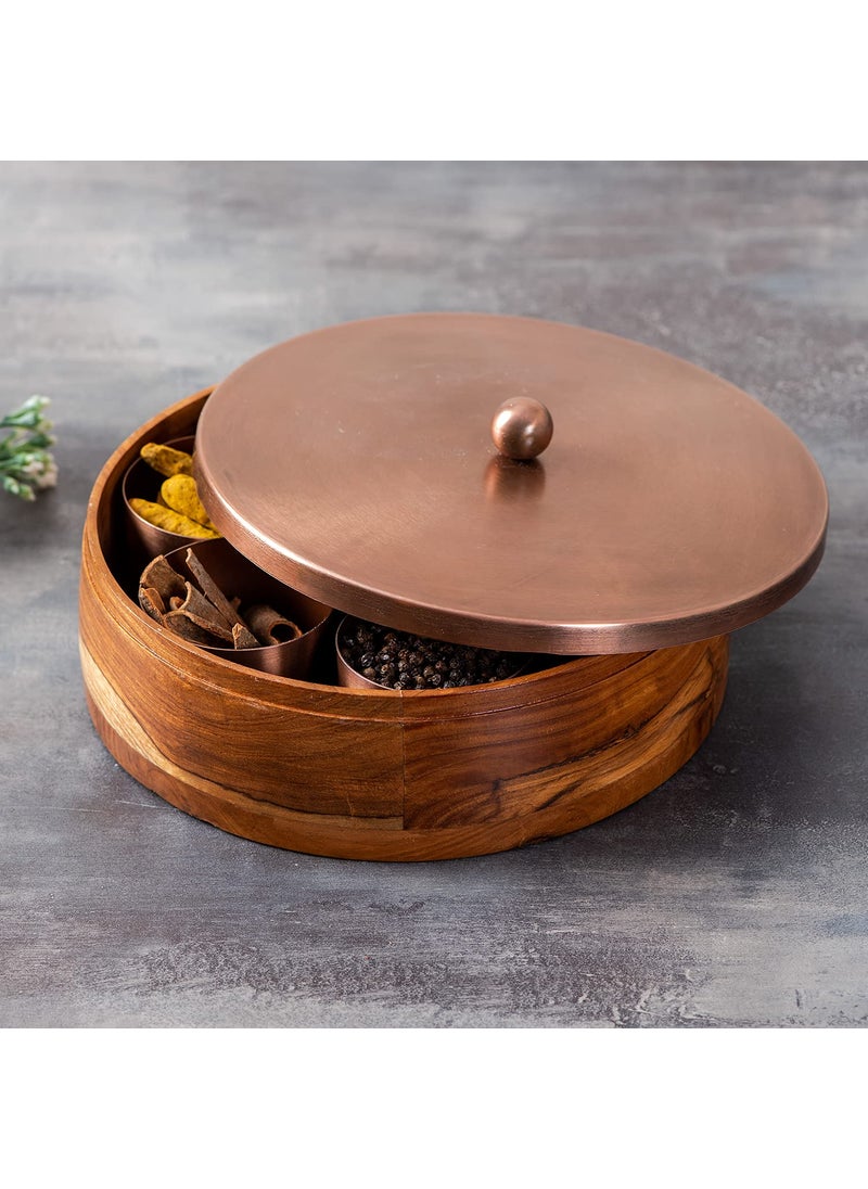 nestroots Masala Box Chapati Box & Basket for kitchen storage| Wooden spice jar with casserole roti box and fruit basket combo (copper)
