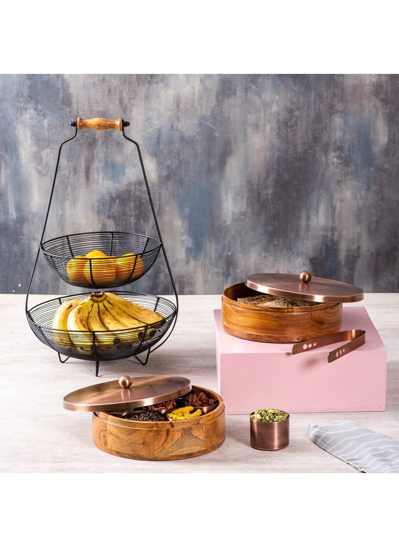 nestroots Masala Box Chapati Box & Basket for kitchen storage| Wooden spice jar with casserole roti box and fruit basket combo (copper)