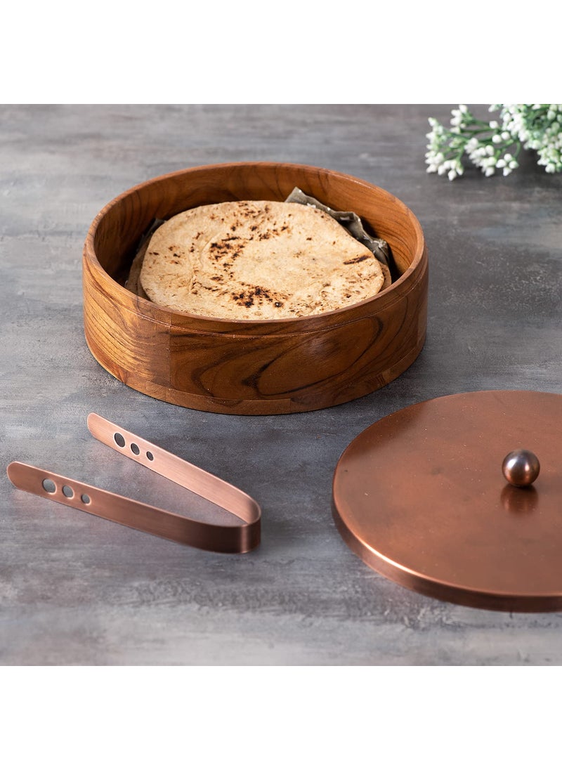 nestroots Masala Box Chapati Box & Basket for kitchen storage| Wooden spice jar with casserole roti box and fruit basket combo (copper)