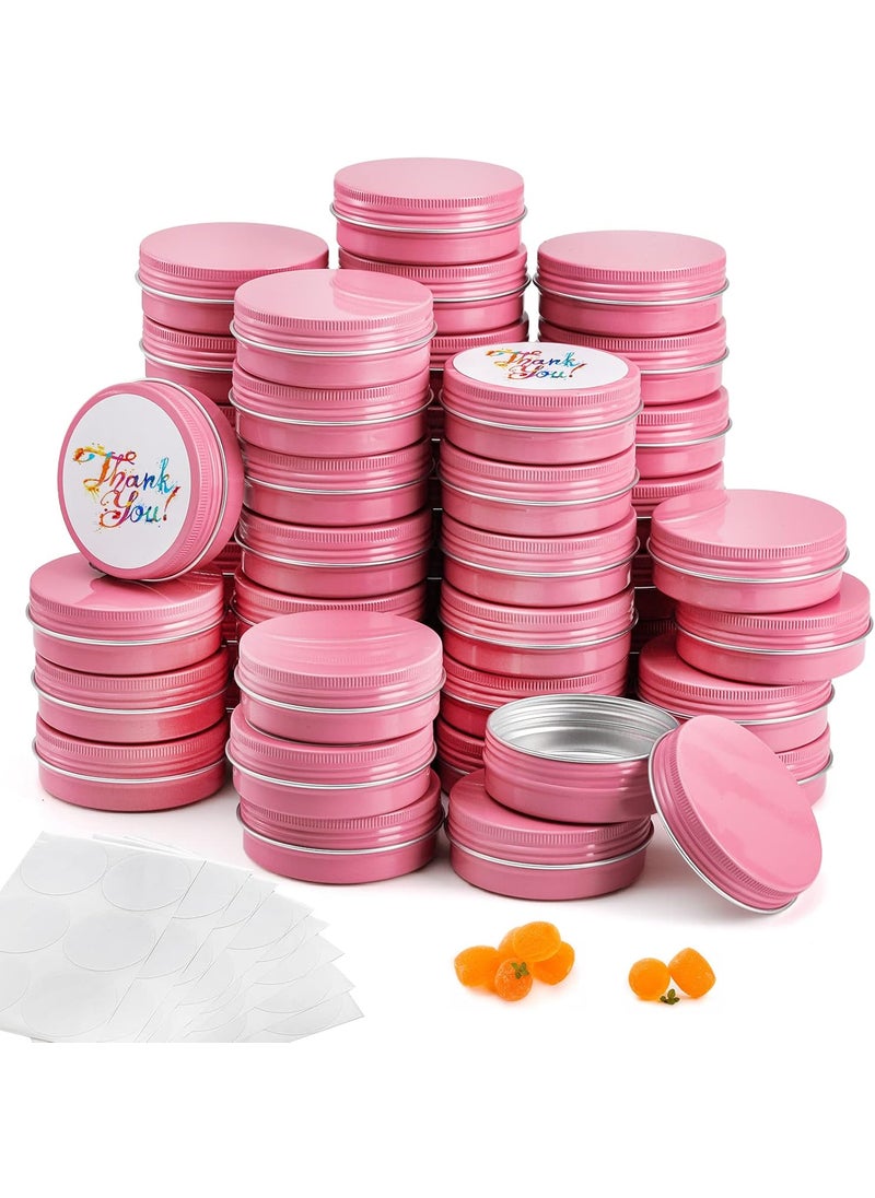 Foraineam 48 Pack 2 oz Screw Top Round Tin Cans with White Labels, Pink Aluminum Cosmetic Sample Containers, Metal Empty Tins Travel Storage Tin Jars for Lip Balm, Salve, Spice, Candy or Crafts