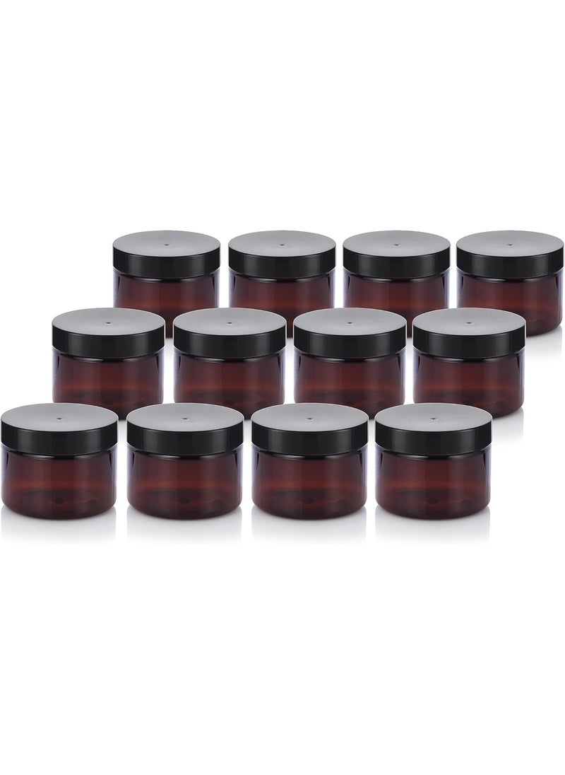 JUVITUS 3 oz Amber PET Plastic Refillable Jar with Black Smooth Lids (12 pack)
