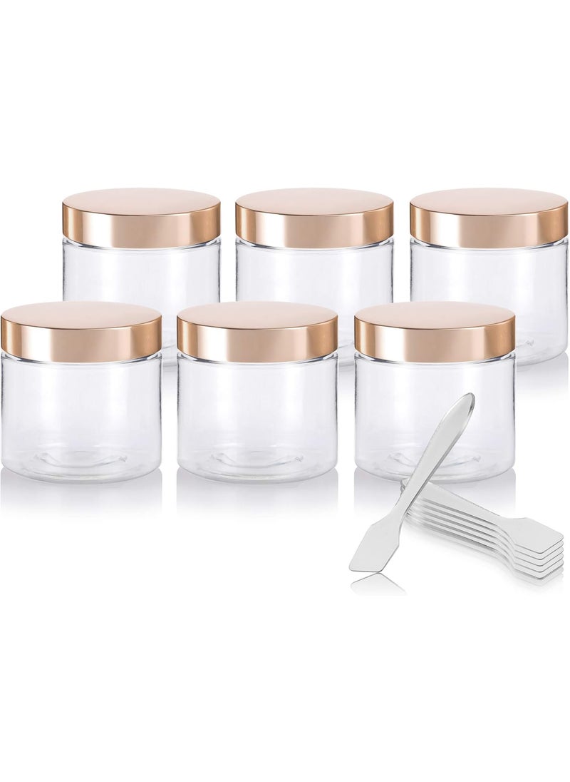 JUVITUS 4 oz / 120 ml Clear PET Plastic (BPA Free) Refillable Jar with Gold Metal Overshell Lid (6 Pack) + Spatulas