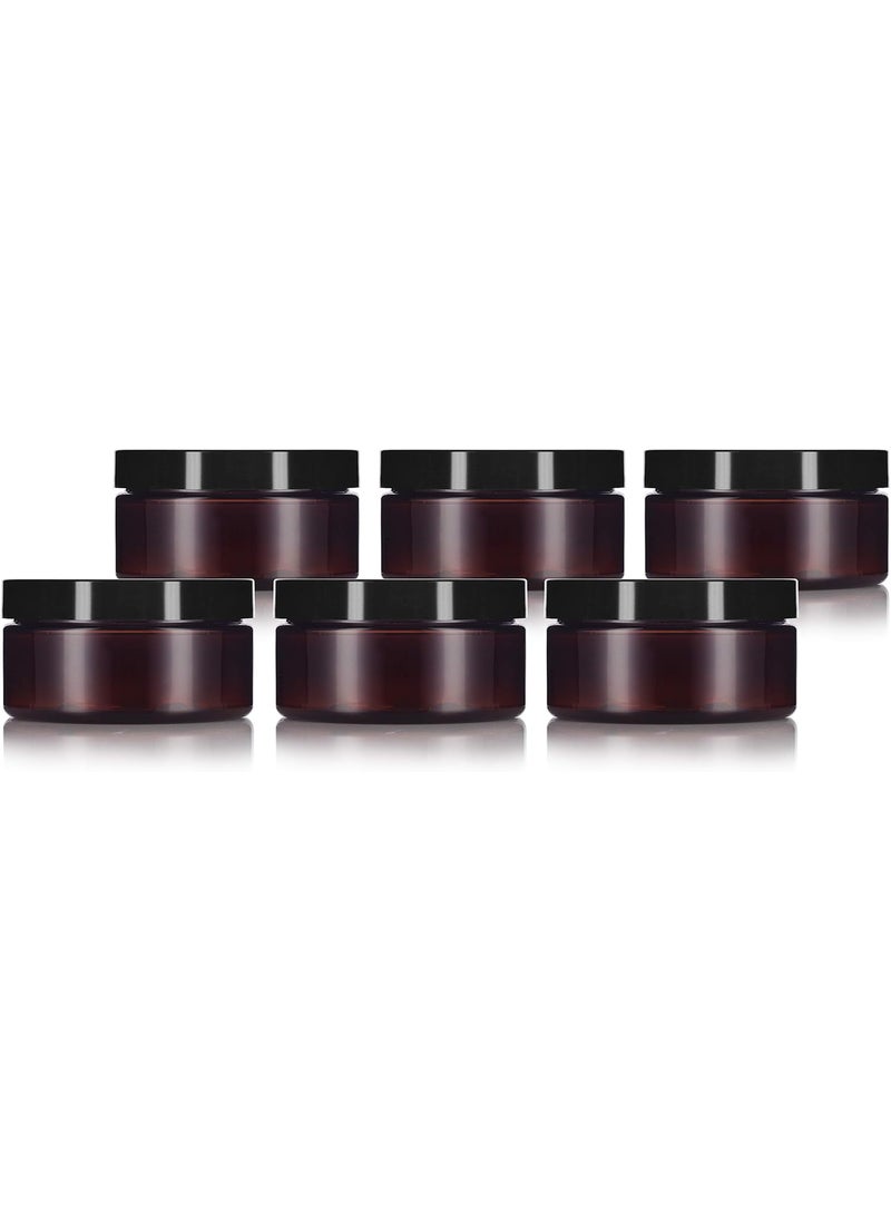 8 oz Amber Plastic Refillable Low Profile Jar with Black Lid (6 Pack)