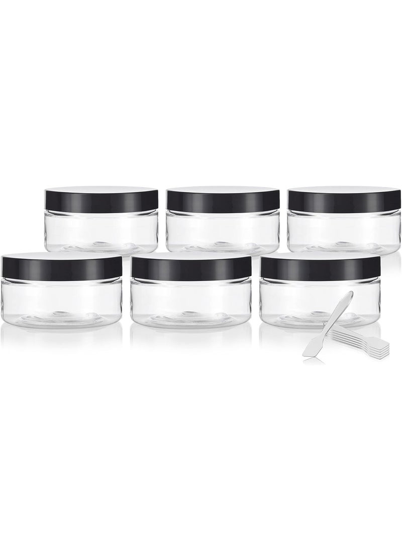 (6 Pack) 8 oz Clear Plastic Jar Shallow Low Profile with Black Smooth Lids + Spatulas