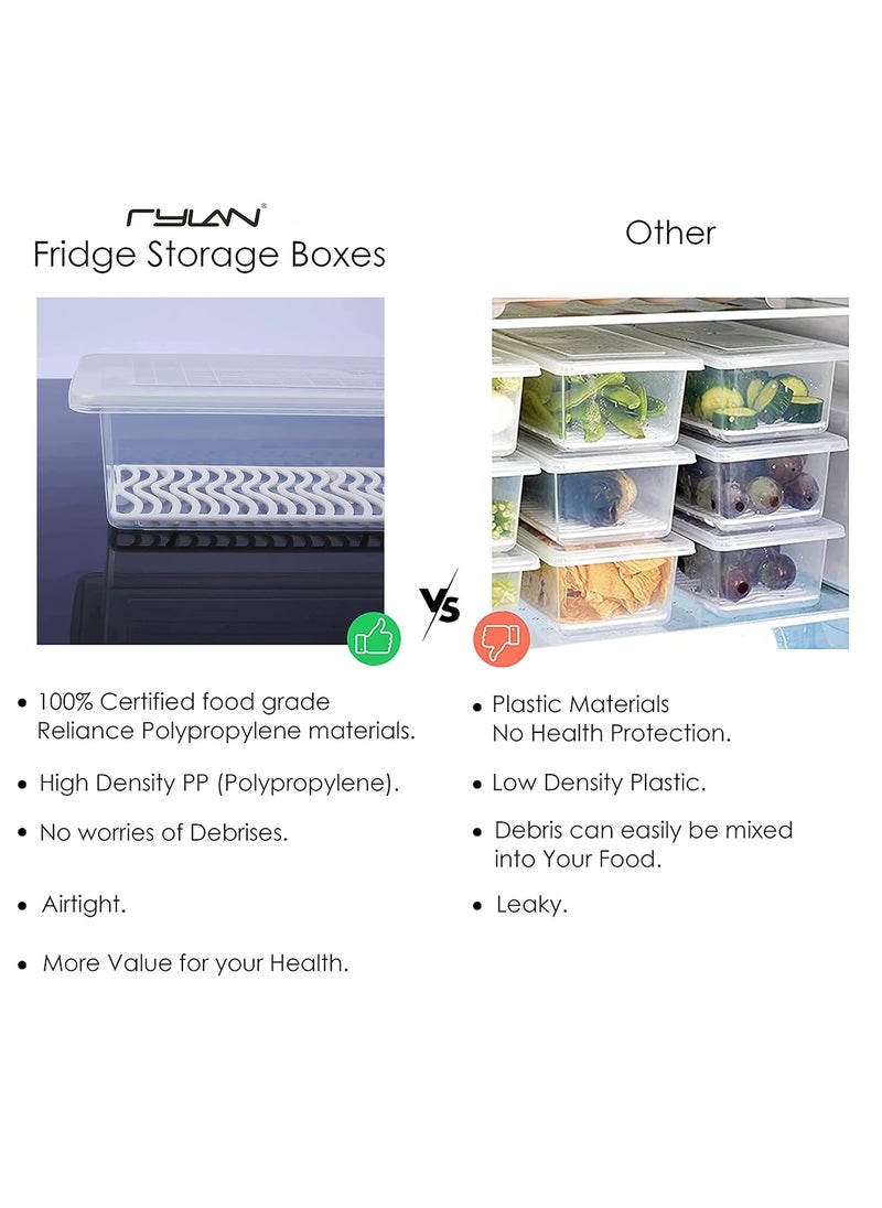 RYLAN Fridge Storage Boxes Pack of 2 Food Storage Container, Fridge Organizer Case With Removable Drain Plate Stackable Freezer Storage Containers Keep Fresh For Storing Fish, Meat, Vegetables 1500 ML
