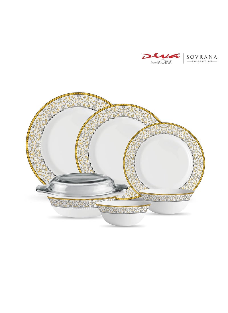La Opala Diva Sovrana Collection Opal Glass Crockery | for Family of 6 | Dinner Set 35 pcs Moroccan Gold | Plates & Bowls for Dining | Microwave Safe | 100% Vegetarian | Extra Strong | Light & White