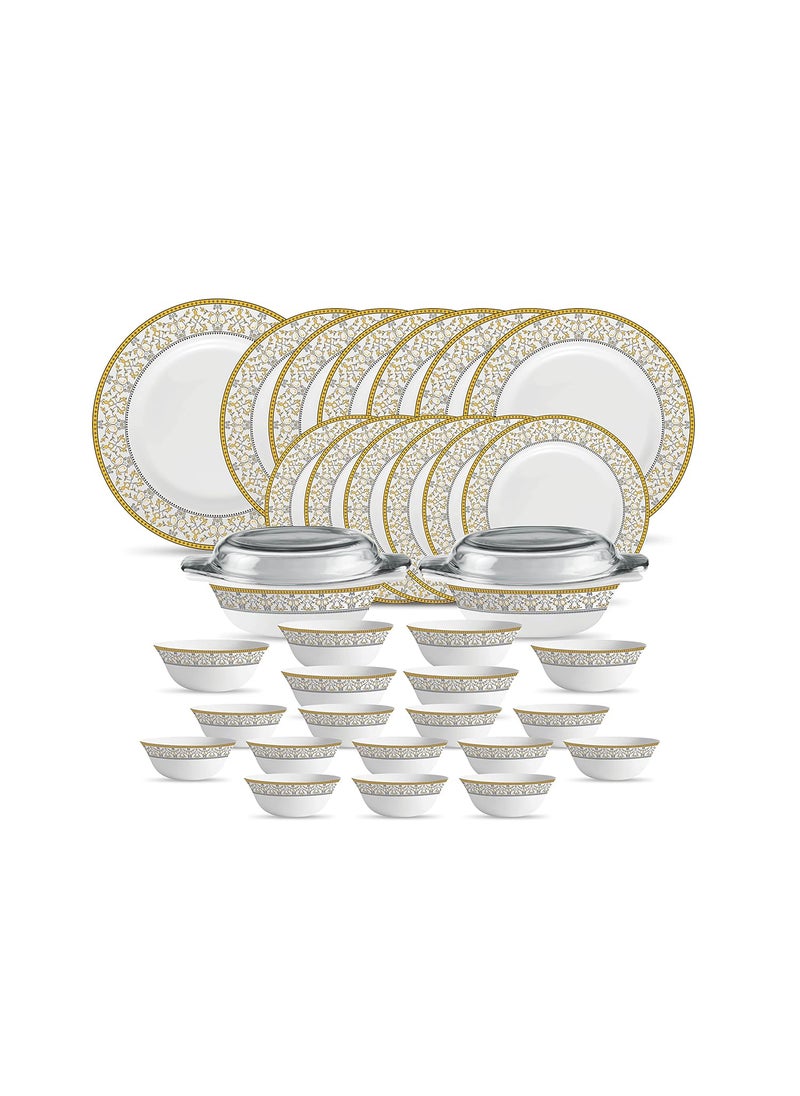 La Opala Diva Sovrana Collection Opal Glass Crockery | for Family of 6 | Dinner Set 35 pcs Moroccan Gold | Plates & Bowls for Dining | Microwave Safe | 100% Vegetarian | Extra Strong | Light & White