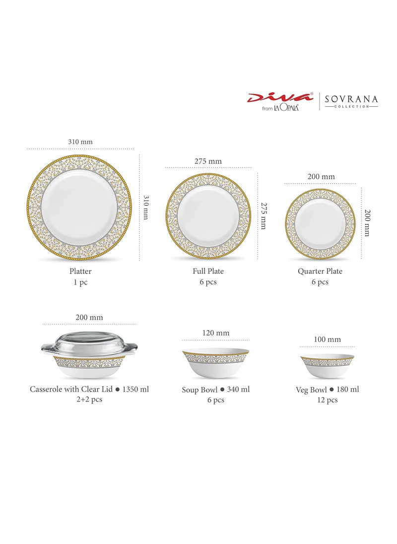 La Opala Diva Sovrana Collection Opal Glass Crockery | for Family of 6 | Dinner Set 35 pcs Moroccan Gold | Plates & Bowls for Dining | Microwave Safe | 100% Vegetarian | Extra Strong | Light & White