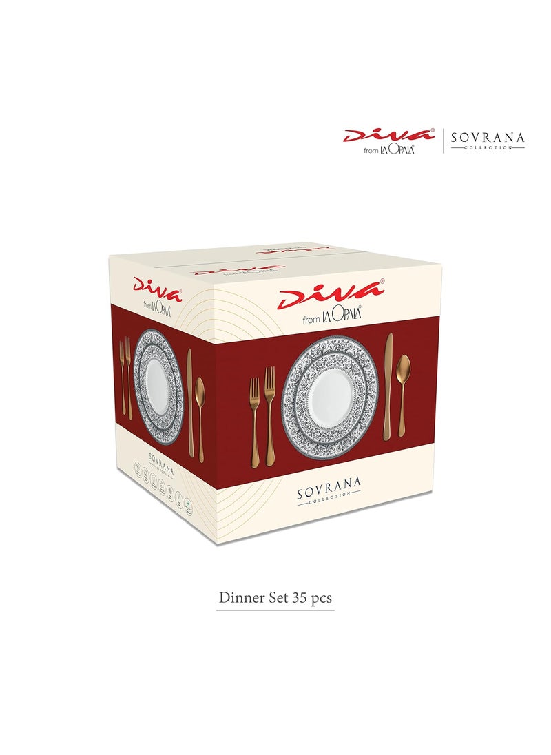 La Opala Diva Sovrana Collection Opal Glass Crockery | for Family of 6 | Dinner Set 35 pcs Moroccan Gold | Plates & Bowls for Dining | Microwave Safe | 100% Vegetarian | Extra Strong | Light & White
