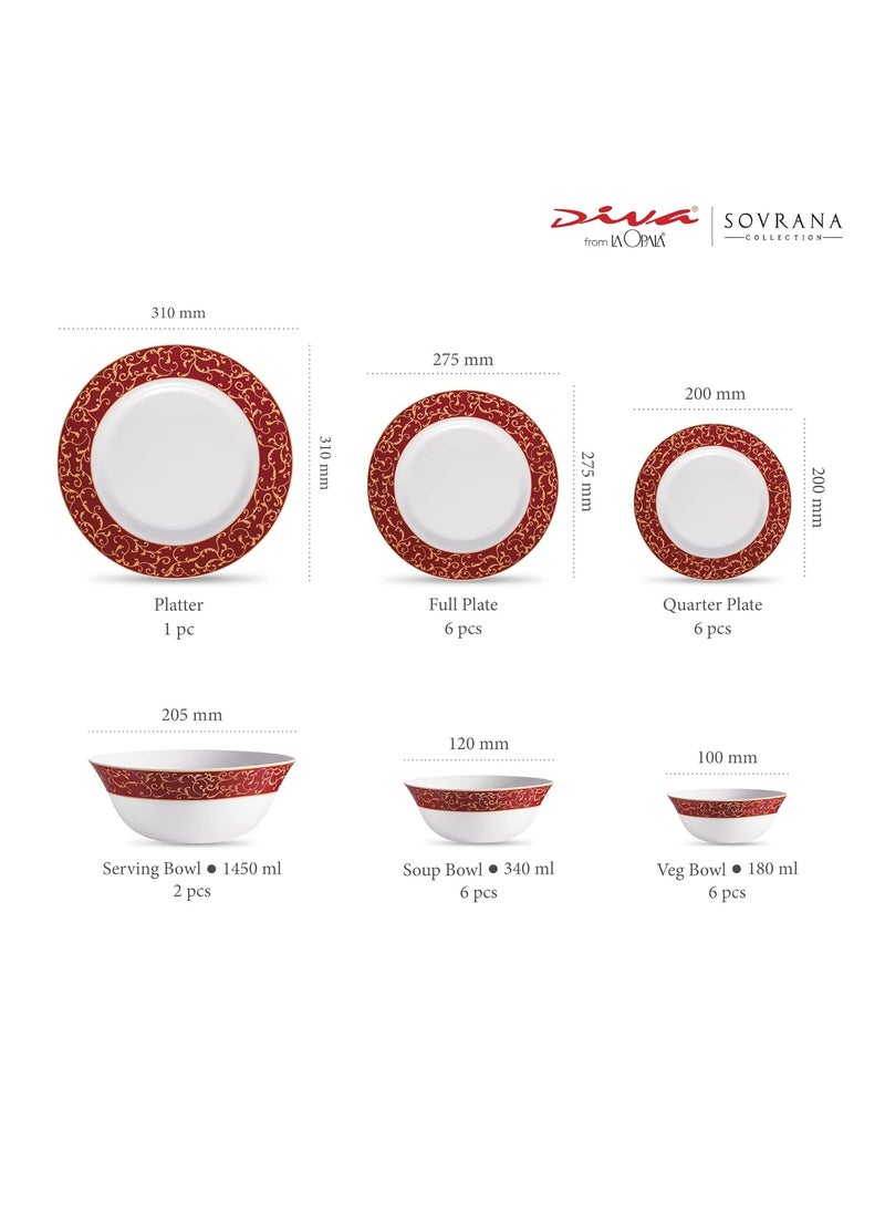 La Opala Diva Sovrana Collection Opal Glass Crockery | for Family of 6 | Dinner Set 27 pcs Anassa Red | Plates & Bowls for Dining | Microwave Safe | 100% Vegetarian | Extra Strong | Light & White