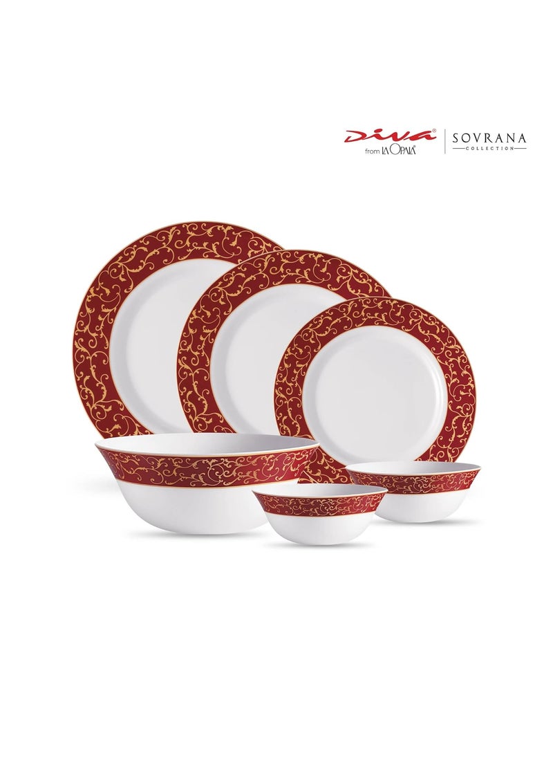 La Opala Diva Sovrana Collection Opal Glass Crockery | for Family of 6 | Dinner Set 27 pcs Anassa Red | Plates & Bowls for Dining | Microwave Safe | 100% Vegetarian | Extra Strong | Light & White