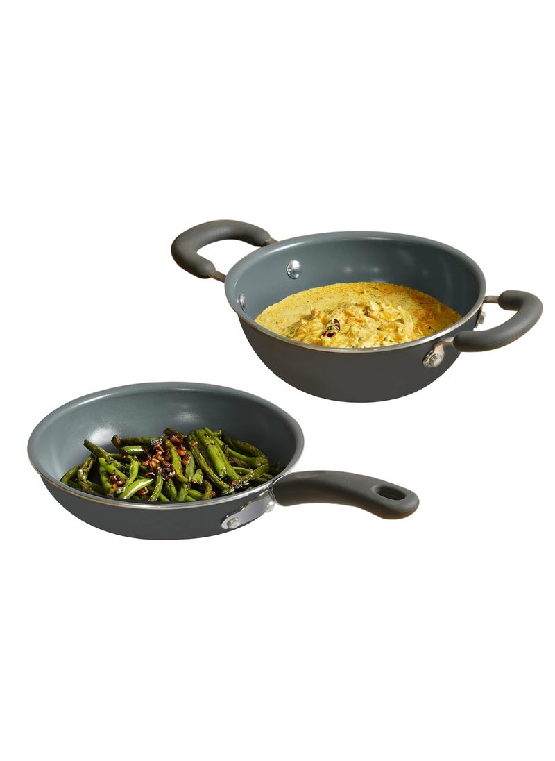 Meyer Anzen Healthy Ceramic Coated Cookware Frypan, 20cm with Kadai, 20cm with Interchangeable Lid, 20cm, Grey, 3-Piece Set
