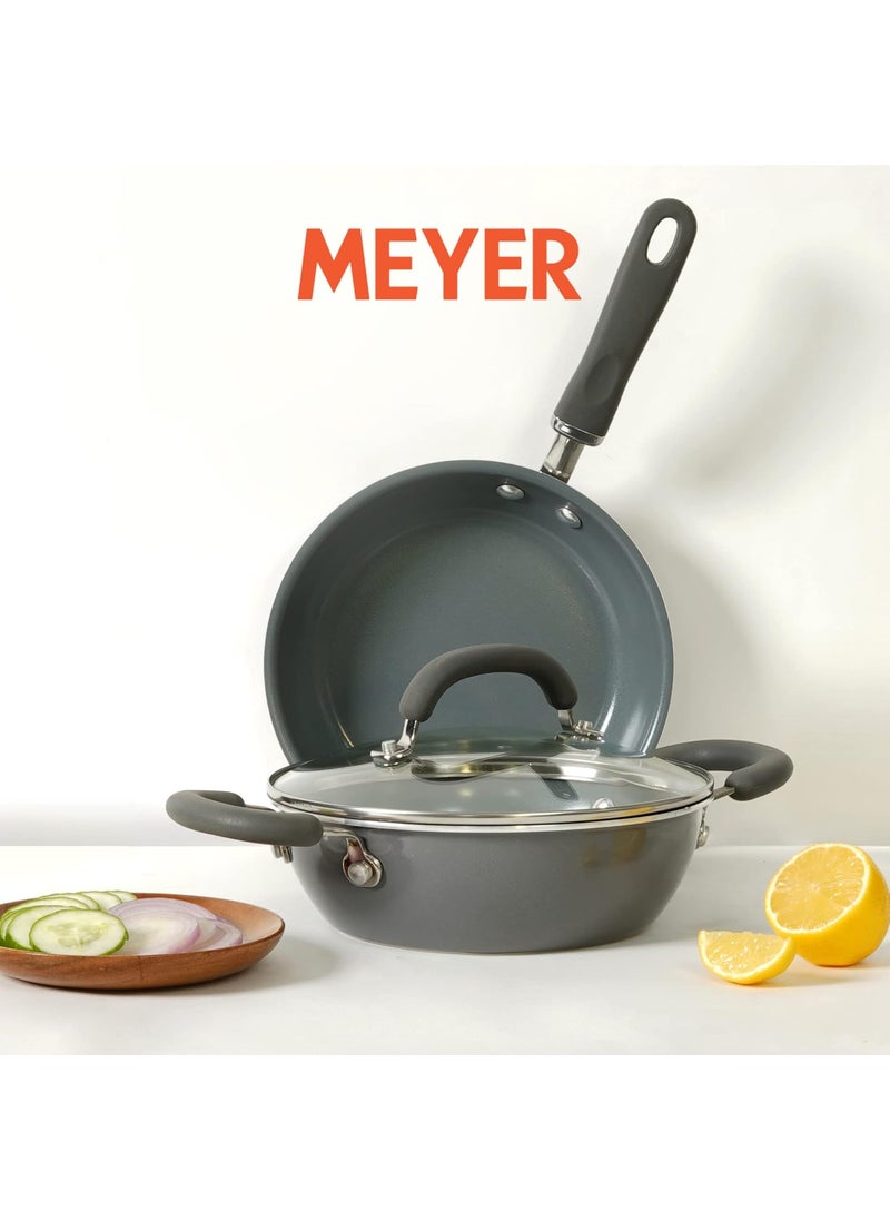 Meyer Anzen Healthy Ceramic Coated Cookware Frypan, 20cm with Kadai, 20cm with Interchangeable Lid, 20cm, Grey, 3-Piece Set