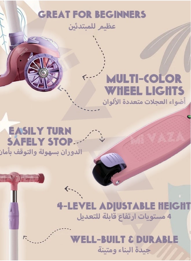 Kids Three Wheel Scooter With Light Up LED Wheels For Toddlers Girls & Boys, 4 Adjustable Height, Lean To Steer, Extra-wide Deck, Light Up Wheels For Children From 3 To 14 Years Old