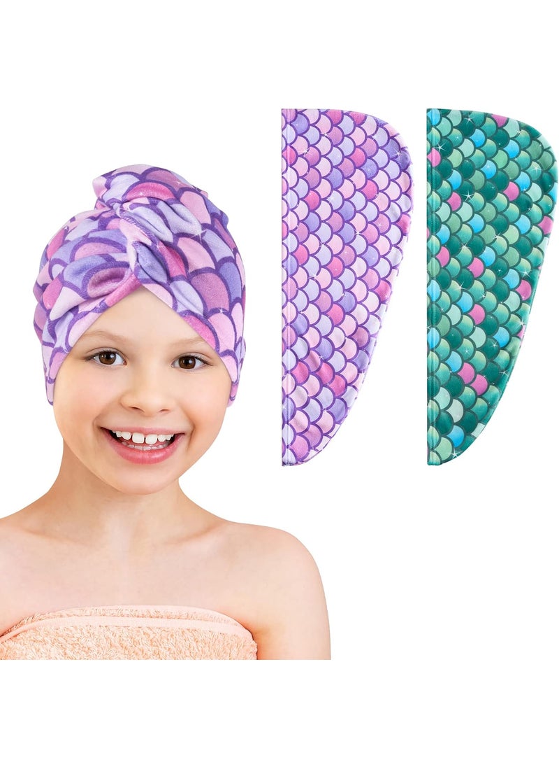WAWSAM 2 Pack Kids Hair Drying Towels Girls Unicorn Wet Hair Towel Quick Dry Twisty Hair Towels (Green + Purple Mermaid)