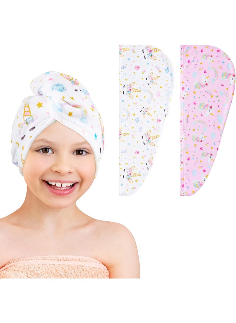 2 Pack Kids Microfiber Hair Drying Towel Wrap - Unicorn Hair Drying Turban for Girls & Women - Rapid Drying