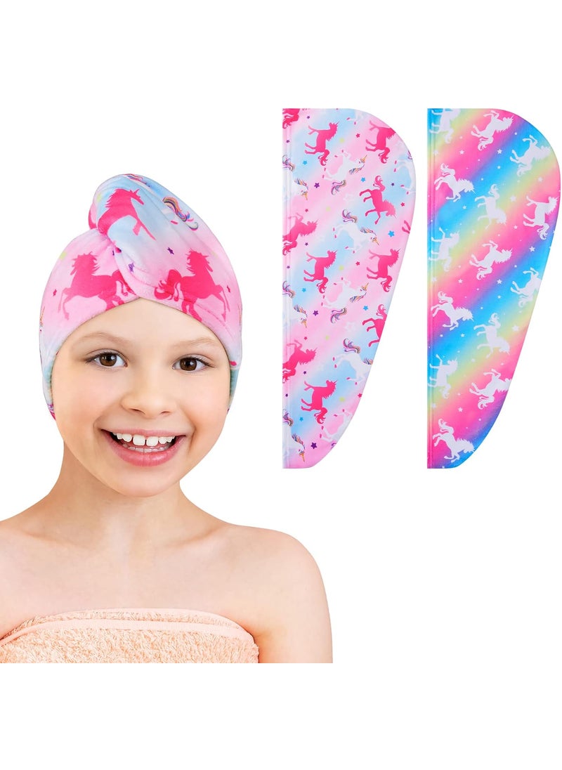WAWSAM 2 Pack Kids Hair Drying Towels Girls Unicorn Wet Hair Towel Quick Dry Twisty Hair Towels (Rainbow Unicorn)