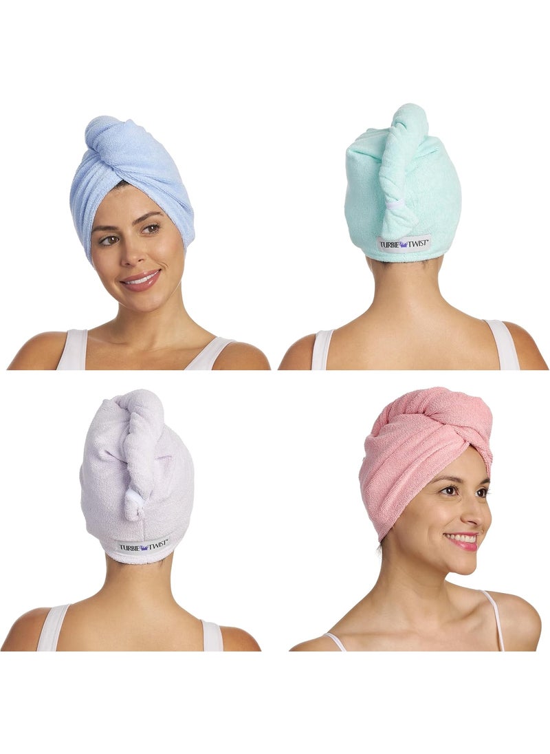 Turbie Twist 4-Pack Microfiber Hair Towel for Beauty, Travel, Gifting - Hair Wrap Turban for Straight, Wavy & Curly Hair - Premium Hair Care - Pink, Purple, Blue & Aqua