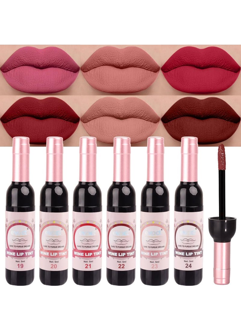 evpct Wine Lip Tint Stain 6 colors Set Long Lasting Waterproof, Mauve Light rosey nude Ruby red Dark red Light pink beige Red brown 6 Wine Bottles Shades Colored Lip Tint Stain Liquid Lipstick Set 04
