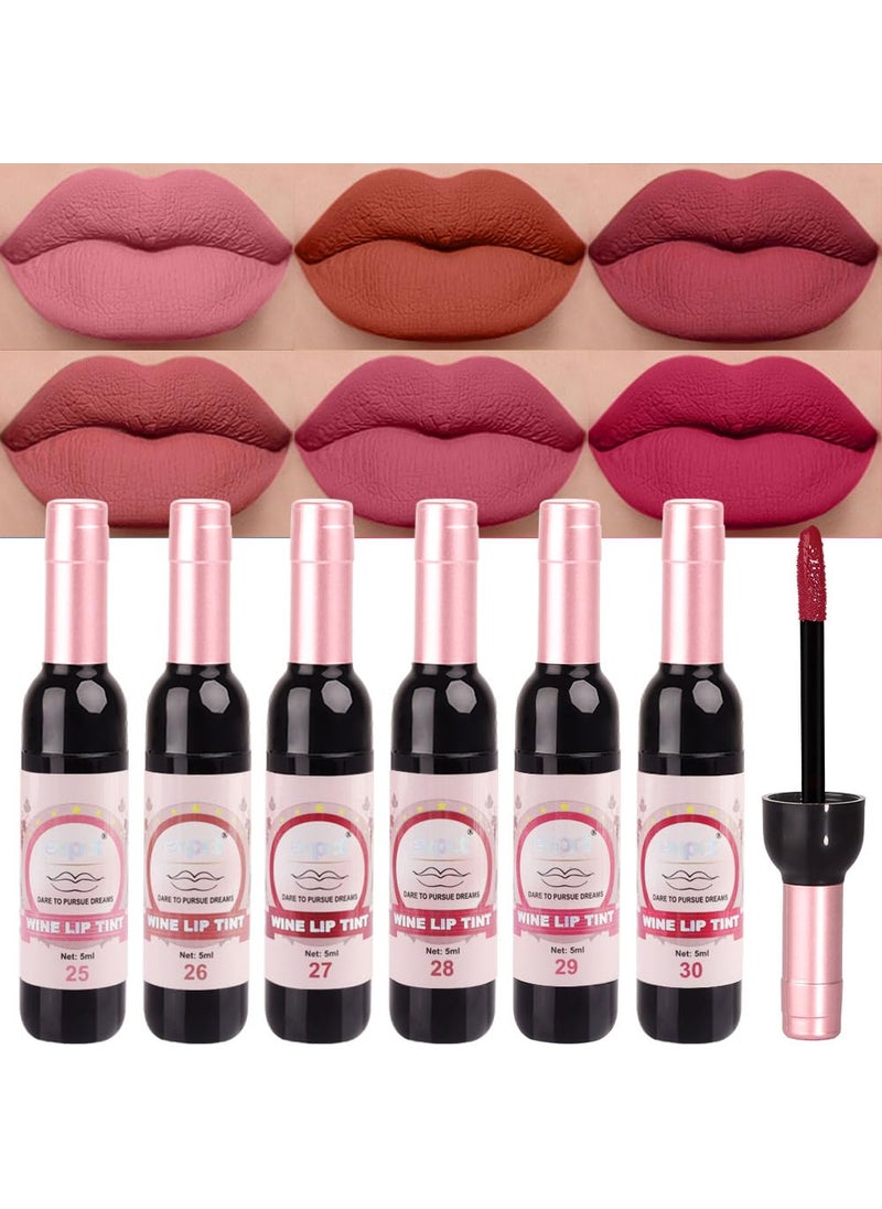 evpct Wine Lip Tint Stain 6 Colors Set Long Lasting Waterproof, Warm pink neutral Nude brown Deep cranberry Mauve pink Berry pink Wine Bottles Lip Tint Stain Korean Peel off Liquid Lipstick Set 05