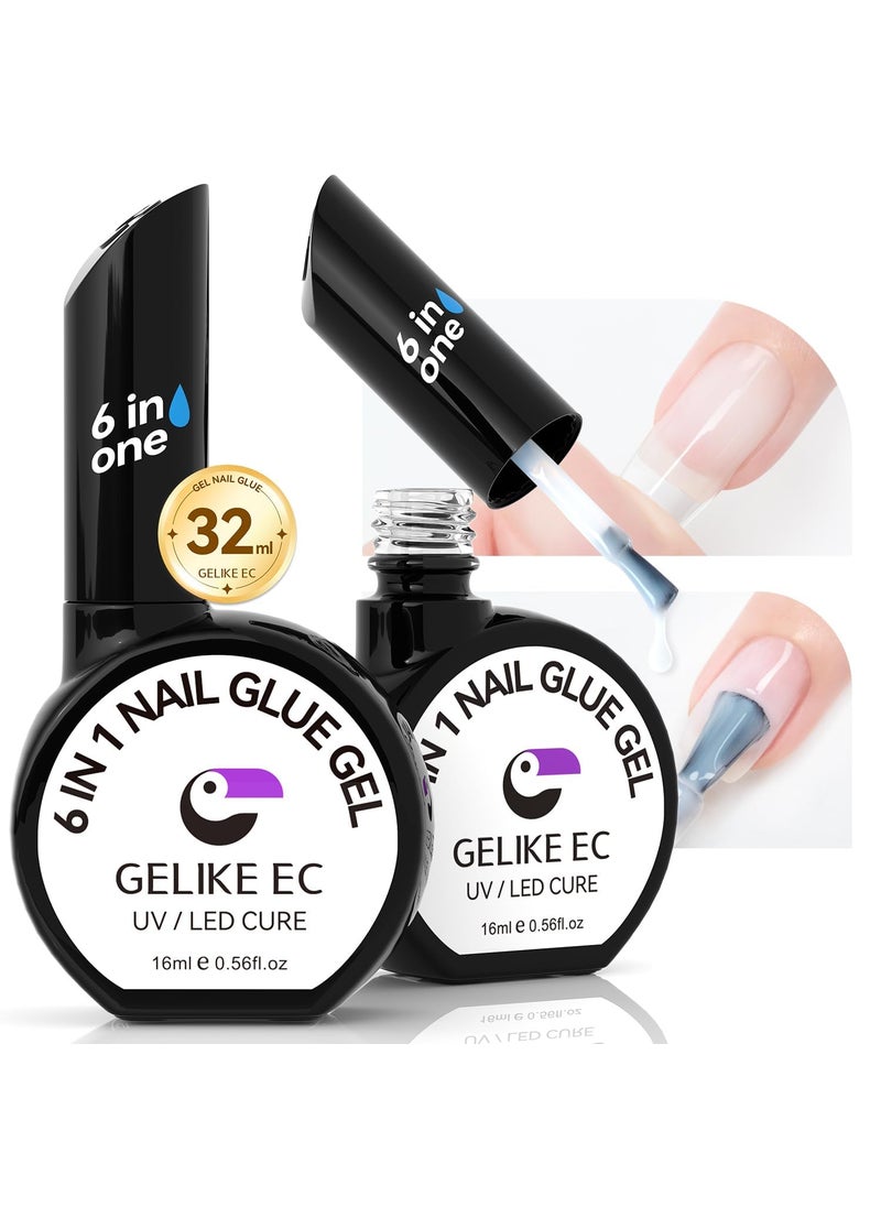 gelike ec Gel Nail Glue UV Light: 2 Pcs 6 in 1 Adhesive Gel Nail Polish, Strong Nail Glue for Press On Nails, Long Last Kit Gift for Home Salon Beginner DIY, 32ML