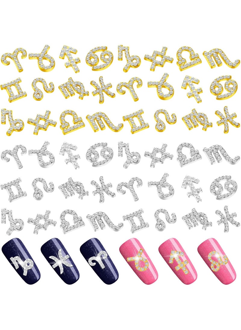 48 Pcs Zodiac Sign Nail Charms Zodiac 3D Rhinestone Jewelry Art Nail Charms DIY Horoscope for Jewelry Making Necklace Bracelet Earrings Crafts Supplies(Gold, Silver)