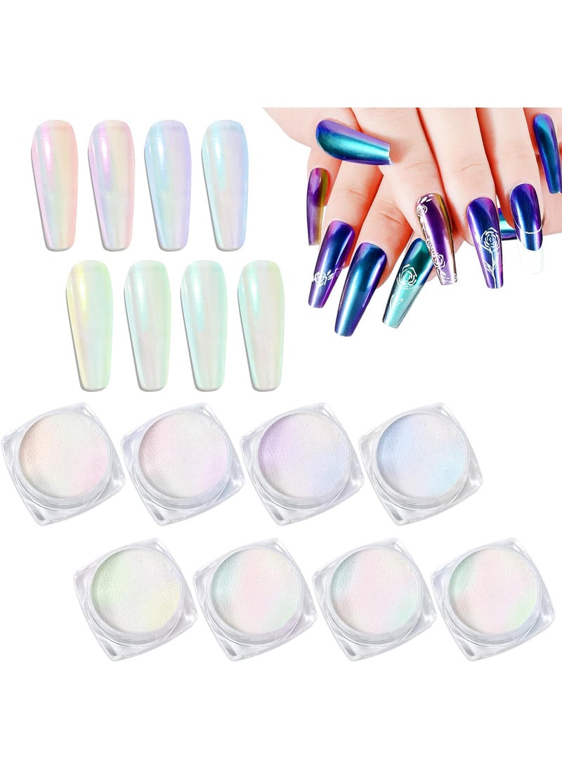 Laza Chameleon Chrome Nail Powder, 8 Colors Glazed Donut Nails Metallic Mirror Effect Pigment, Iridescent Aurora Nail Glitter Holographic Dust Kit for Gel Nail Art Decoration, Gifts - Colorful Peacock