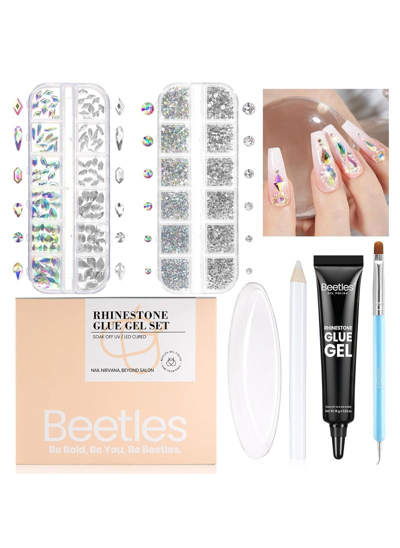 Beetles Gel Polish Nail Glue with Nail Gems Set, 15ml Nail Rhinestone Glue &120+2000Pcs Crystal Glass AB Rhinestones For Nails art, Nail Gems with Double-Ended Clean Up Nail Brush Gifts for Girls