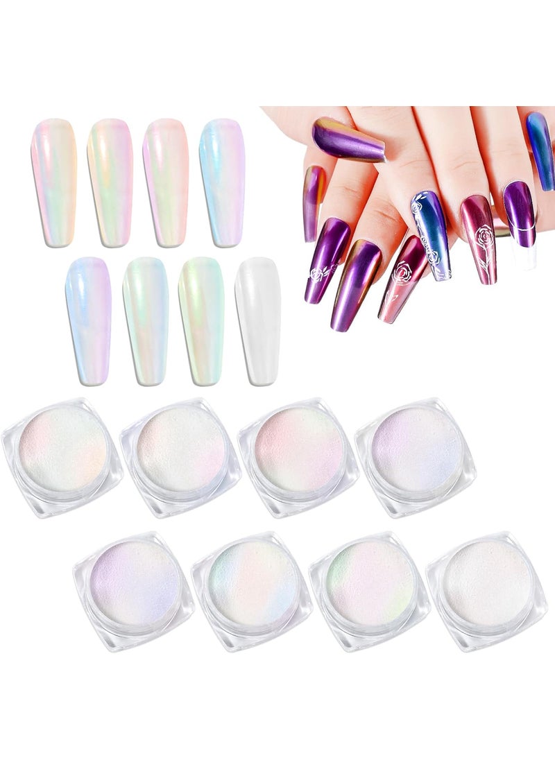 Laza Chameleon Pearl Chrome Nail Powder, 8 Colors Glazed Donut Metallic Mirror Effect Pigment, Iridescent Aurora Nail Glitter Holographic Dust Kit for Gel Nail Art Decoration, Gifts – Gorgeous Mermaid
