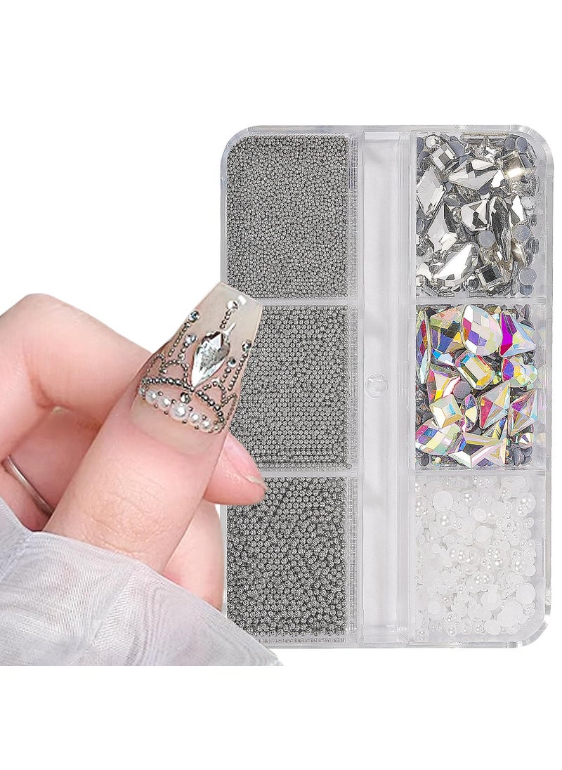 3D Nail Art Charms Silver Grey Nail Micro Caviar Beads Rhinestones for Acrylic Nails Mix Size Multishape AB Nail Rhinestones Nail Crystal Studs Flatback Pearl Kit for Nail DIY Craft Decoration