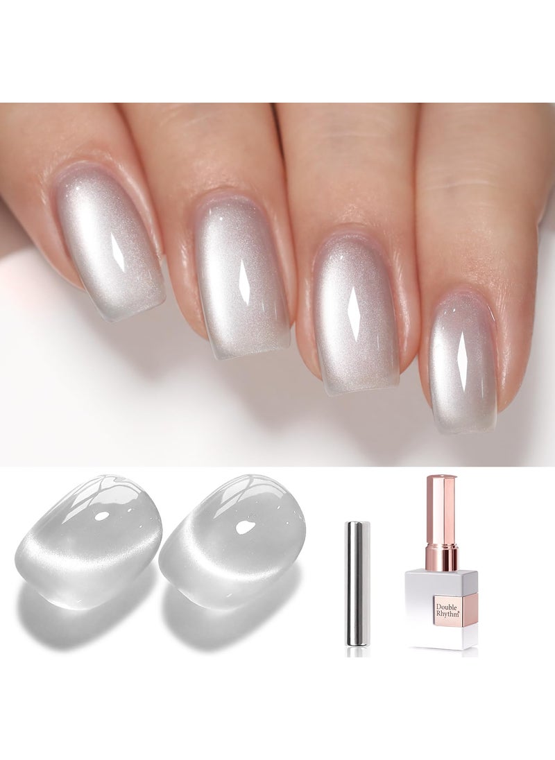 Double Rhythm 15ML Glass Cat Eye Gel Polish with Magnet Same Color Same Bottle Holographic Glitter Shimmer Salon Soak Off Magnetic Nail at Home (Clear Silver-MC1147)