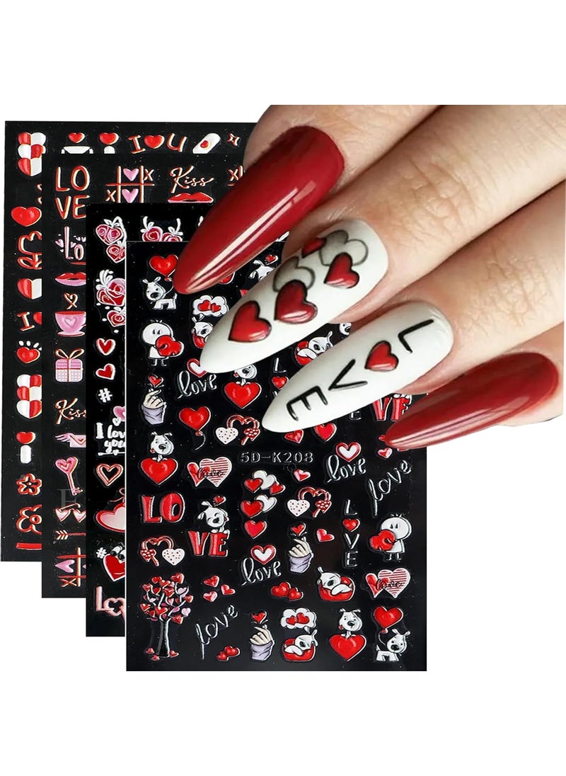 Valentines Nail Stickers 5D Heart Lips Rose Nail Design Self Adhesive Cute Valentines Nail Decals for Women Girls DIY Manicure Tip Decoration Red Pink 4Sheets