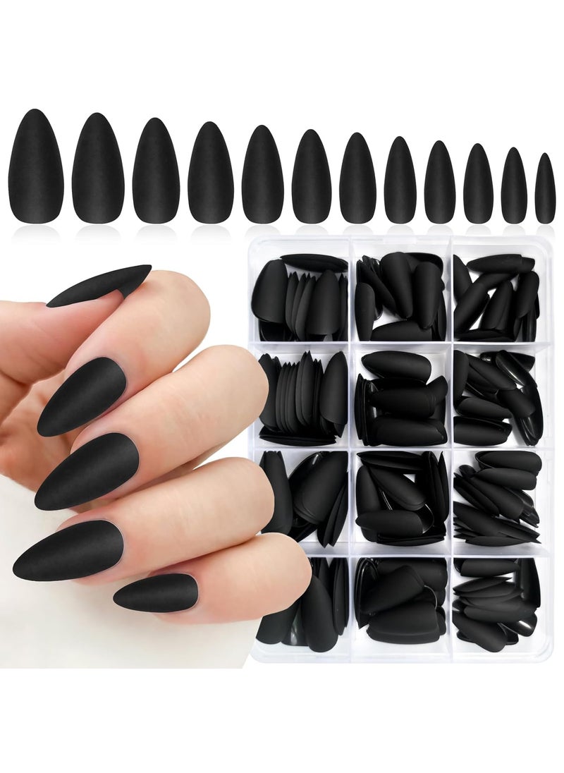 240PC Almond Press on Nails Medium Length Fake Nails Black Matte Almond Nails Press on Nail Short Stiletto False Nail Tips Colored Artificial Fingernail & Nail Glue Adhesive Tabs for Women