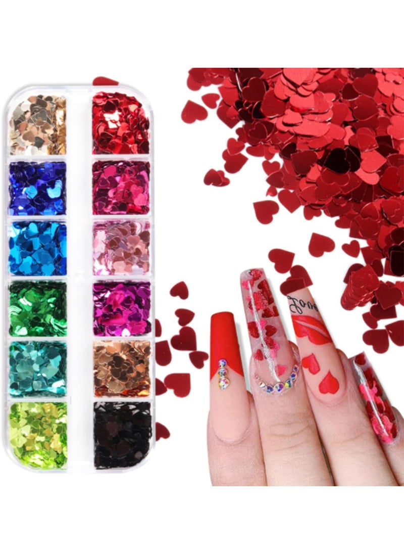 12 Grids Heart Nail Art Glitter Sequins 3D Holographic Nail Art Sequins with Different Color Heart for Valentine's Day DIY Nail Designs Eye Face Body Decorations Accessories