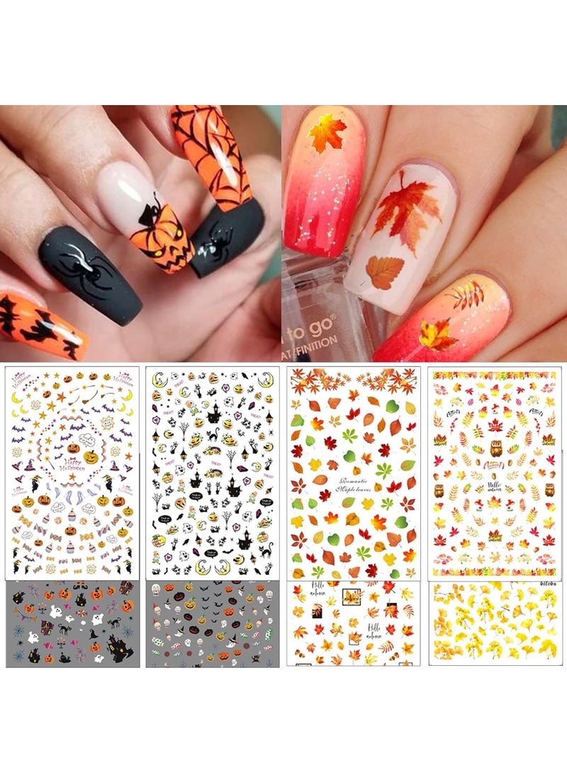 TailaiMei 16 Sheets Holiday Nail Stickers, Halloween & Thanksgiving Day Fall 3D Self-Adhesive Seasonal Nail Art Decals for Autumn DIY Nail Decorations